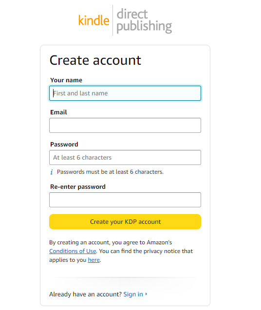 Create Amazon KDP account